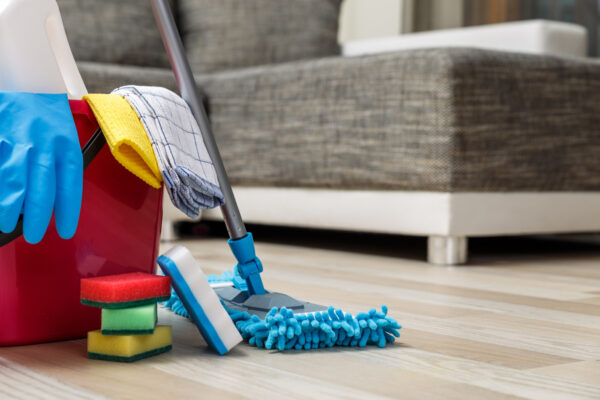 Cleaning service. Bucket with sponges, chemicals bottles and mopping stick. Rubber gloves and towel. Household equipment.